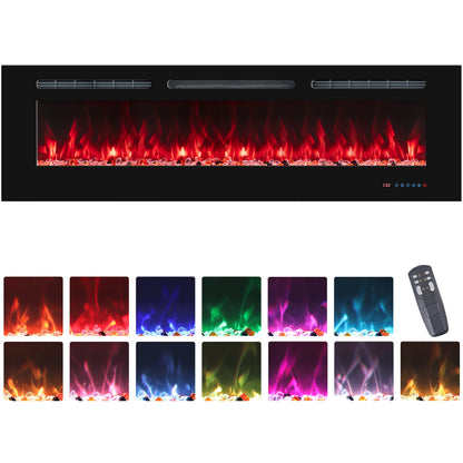 VINEMOUNT 60'' Electric Fireplaces Inserts, Recessed & Wall-Mounted Fireplace Heater with Thermostat, Multicolor Flames,Timer, Log & Crystal, 750/1500W, Black