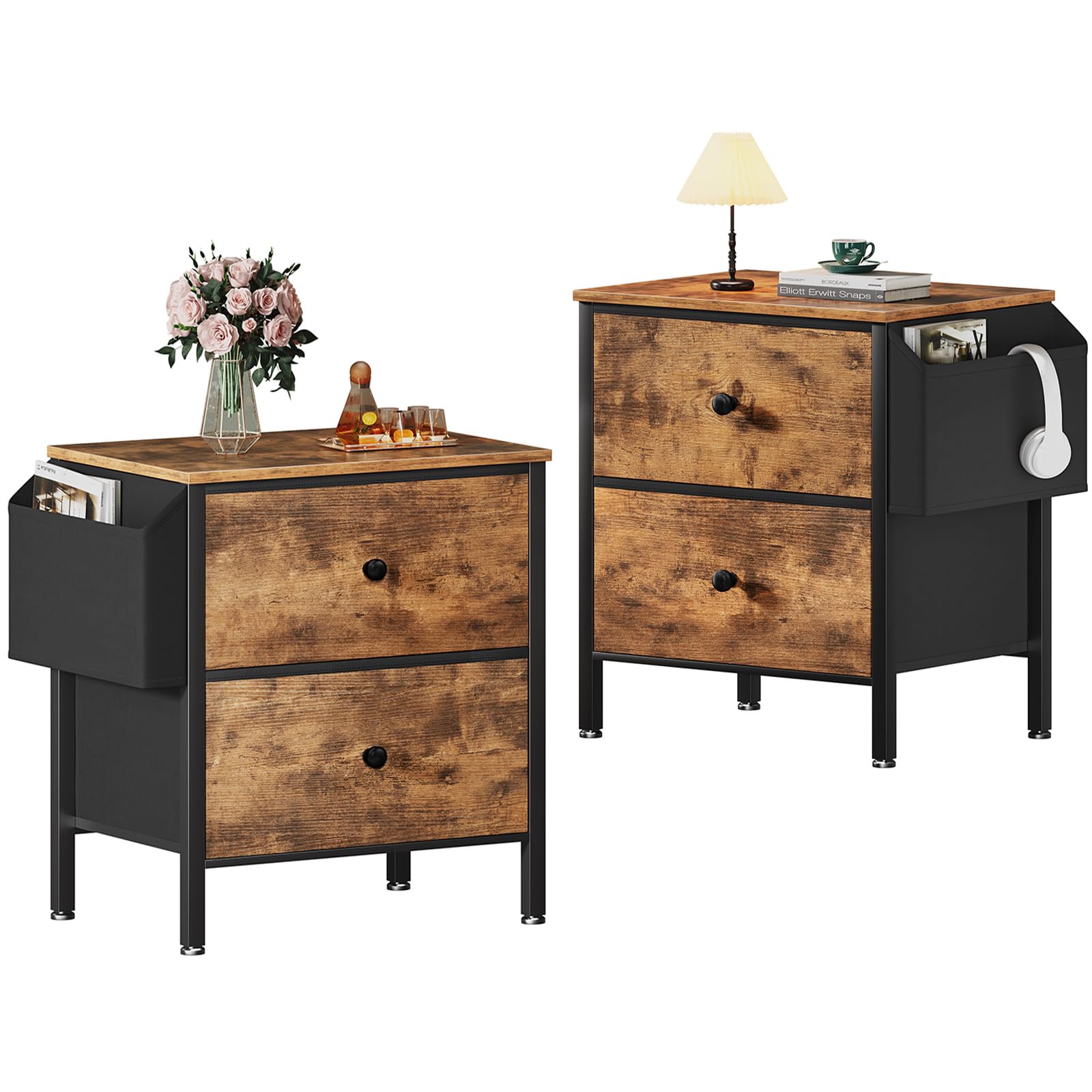 BOLUO Nightstands Set of 2 with Drawers, Small Night Stand with Pocket 2 Drawer Dresser for Bedroom Set End Table Brown - WoodArtSupply