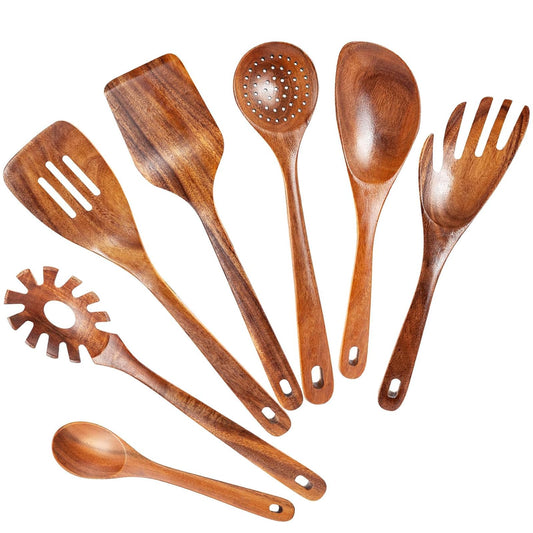 WOSPONFAN Kitchen Utensils Set - Wooden Spoons for Cooking, Natural Teak Wooden Utensils - Includes Wooden Spoons, Spatula Set, Slotted Spoon - Handmade Wooden Spoon Set