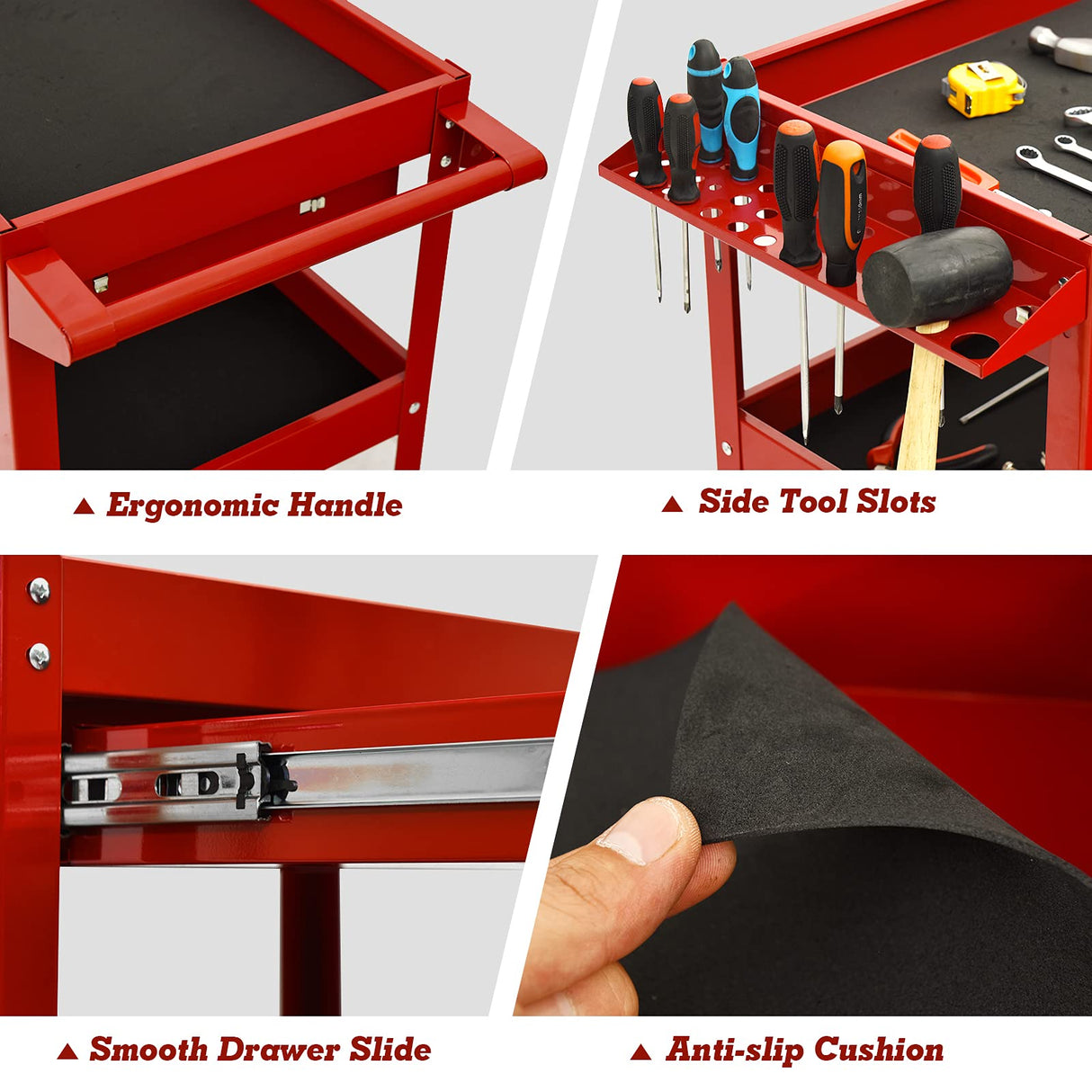 ARNOT 3 Tier Rolling 330 LBS Tool Cart on Wheels for Mechanics, Heavy Duty Tool Cart with Drawers, Perfect for Garage, Warehouse & Repair Shop, Red ARNOT