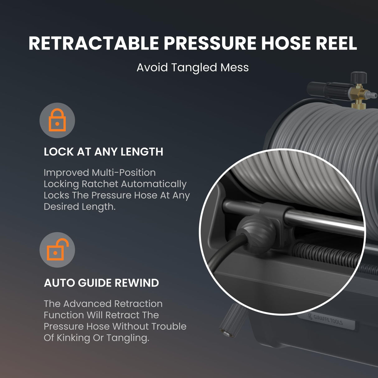 Giraffe Tools Grandfalls Pressure Washer Plus+, Electric Wall Mount Power Washer with 100FT Ultra-Soft Pressure Hoses, 2400PSI, 2.0GPM, 4 Nozzles, Foam Cannon for Cars/Patios, Dark Silver Giraffe Tools