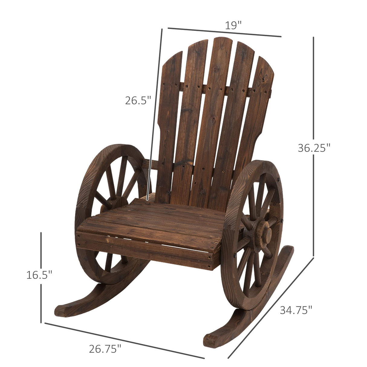 Outsunny Carbonized Wooden Adirondack Rocking Chair with Wagon Wheel Armrests for Outdoor Relaxation Outsunny