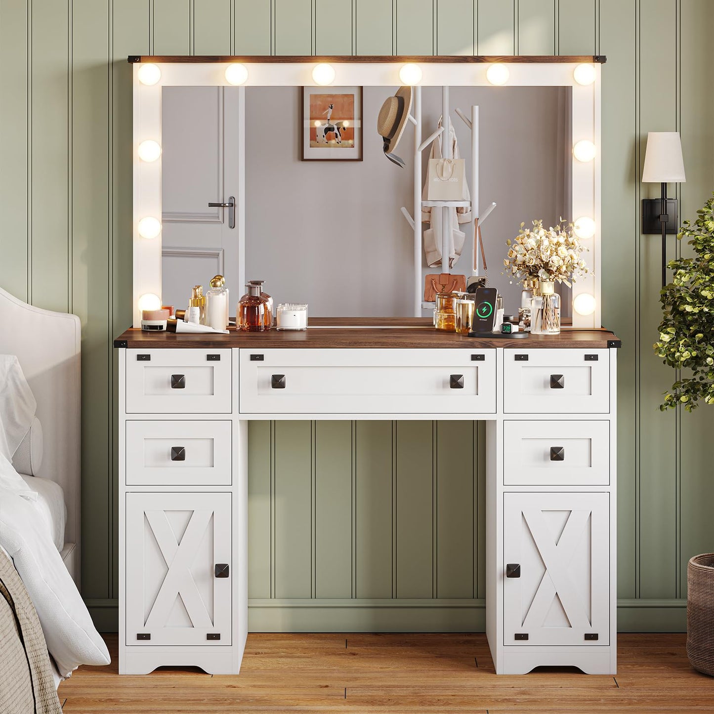 Hasuit Farmhouse Vanity Desk with LED Lights Mirror & Power Outlet 43'' Makeup Vanity Table with 5 Drawers & 2 Cabinets, Dressing Table for Bedroom,3 Color Lighting Modes Adjustable Brightnes - WoodArtSupply