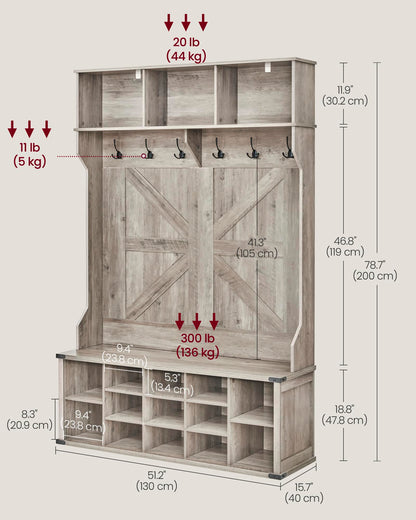 VASAGLE Hall Tree with Bench and Shoe Storage, Coat Rack with Shoe Bench, Entryway Furniture, 16 Open Compartments & Adjustable Shelf, 6 Tri-Hooks, Farmhouse Wooden Style, Heather Greige - WoodArtSupply