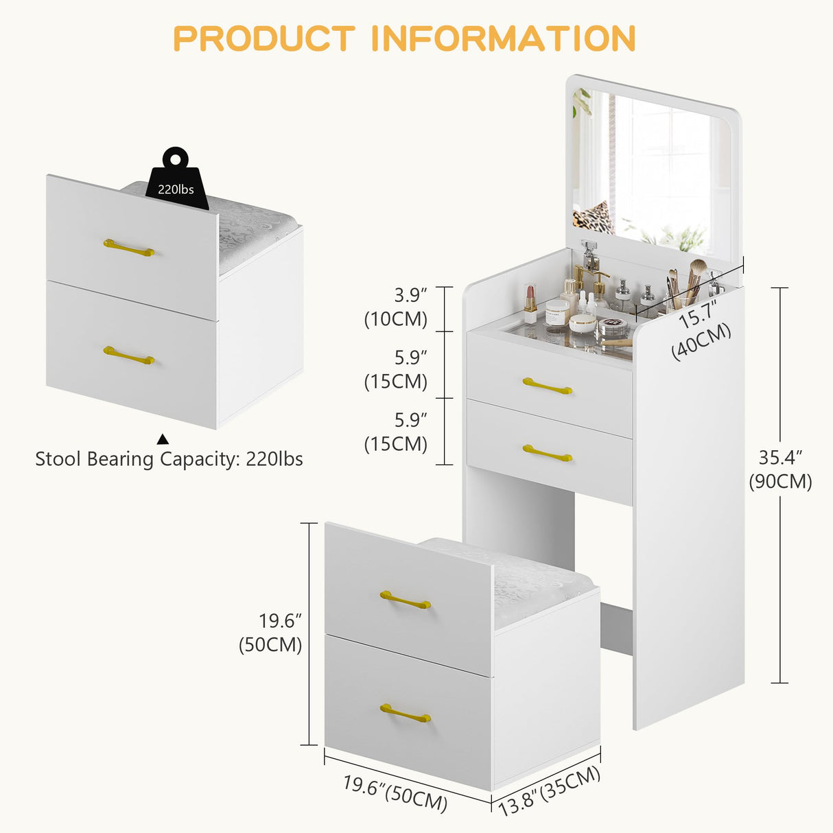 Lvifur 3-in-1 Vanity Desk with Flip Top Mirror, Makeup Vanity Table with Cushioned Stool for Small Space, Compact Dressing Table, Vanity Set for Bedroom Lvifur