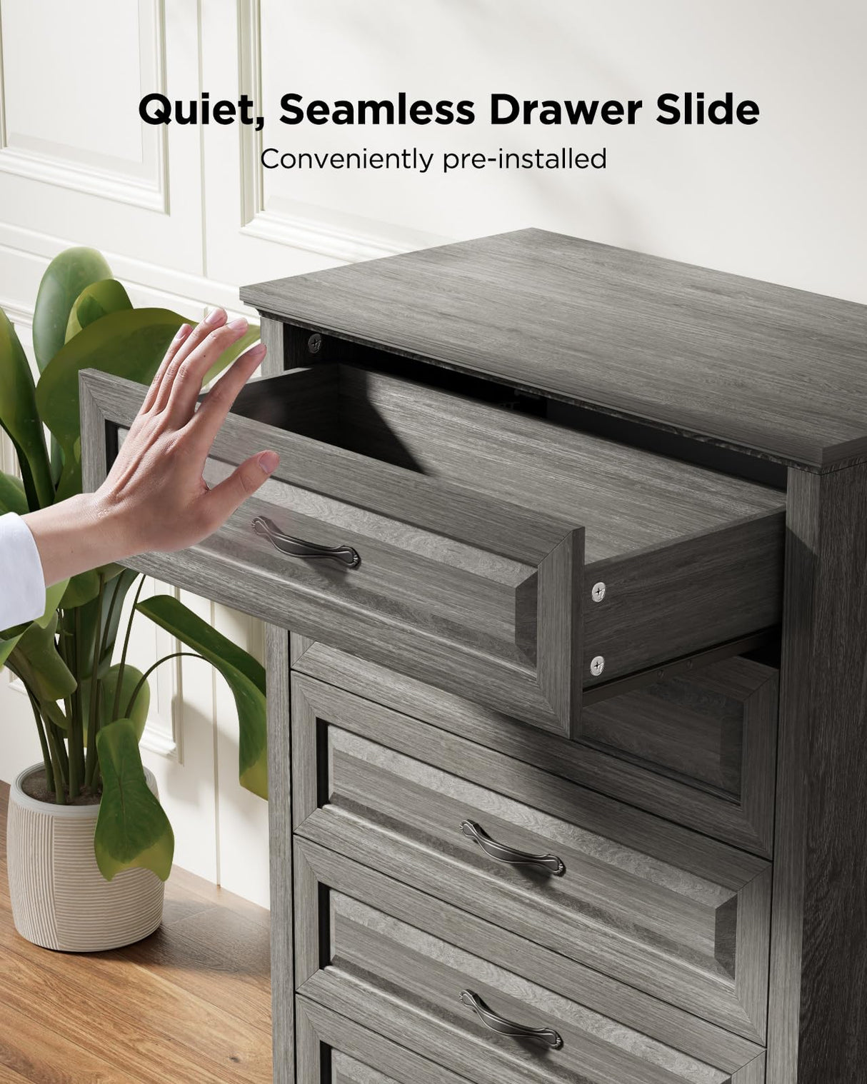 Pipishell Grey 5 Drawers Dresser Chests for Bedroom, 42.7 Inch Tall Wooden Dresser, Farmhouse Storgae Organizer with Large Drawers & Bar Handles for Bedroom, Entryway, Hallway, Grey Pipishell