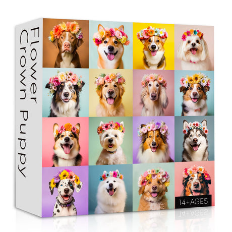 Dog Puzzles for Adults 1000 Pieces, Colorful Flower Crowns Cute Animal Puzzles, Funny Puppy Dog Jigsaw Puzzle as Puppy Wall Decor PPuzzling
