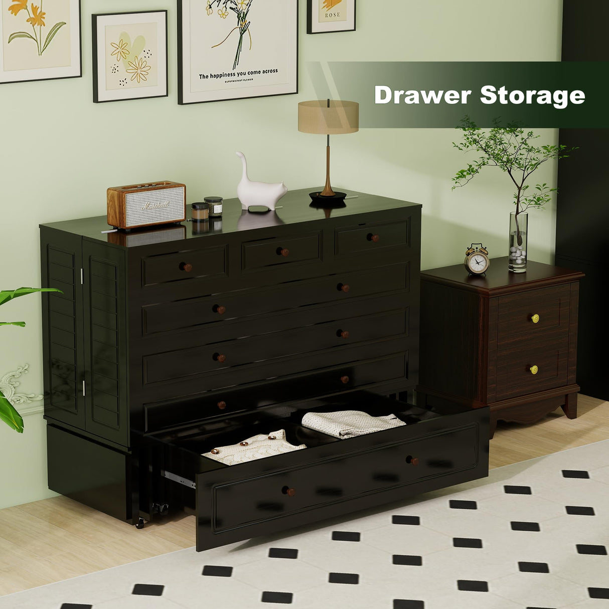 TemkTuek Queen Murphy Bed with Charging Station Cabinet Space Saving Wall Bed for Guest Room, Study, Apartment with Built in USB Ports (NOT Included Mattress) Black (13) TemkTuek