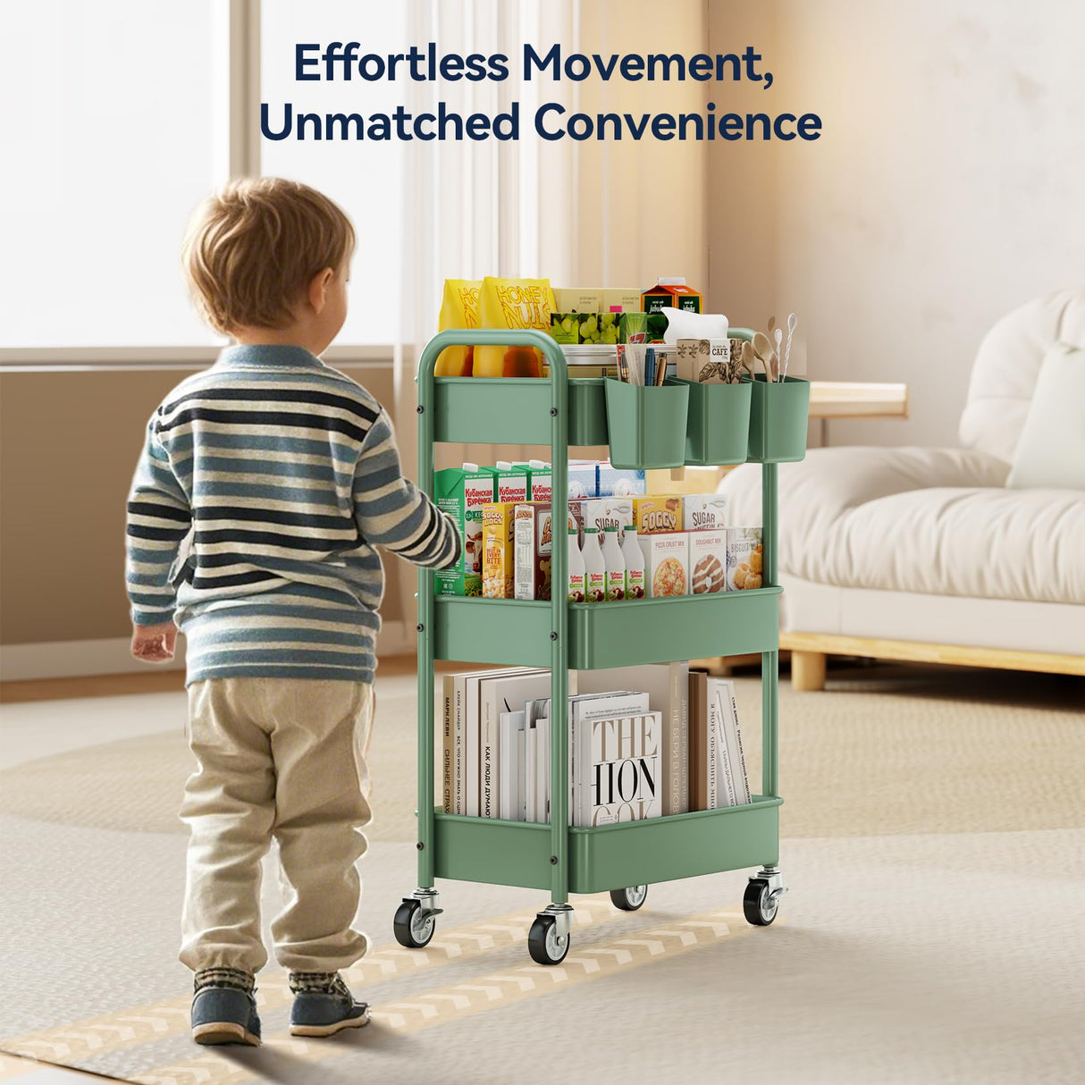 YASONIC 3-Tier Rolling Cart, Green, 66 Pounds Capacity, Mesh Storage Organizer with Lockable Wheels, 3 Hanging Cups, 4 Hooks, Easy Assembly, for Kitchen, Bathroom, Laundry, Grocery YASONIC