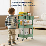 YASONIC 3-Tier Rolling Cart, Green, 66 Pounds Capacity, Mesh Storage Organizer with Lockable Wheels, 3 Hanging Cups, 4 Hooks, Easy Assembly, for Kitchen, Bathroom, Laundry, Grocery YASONIC