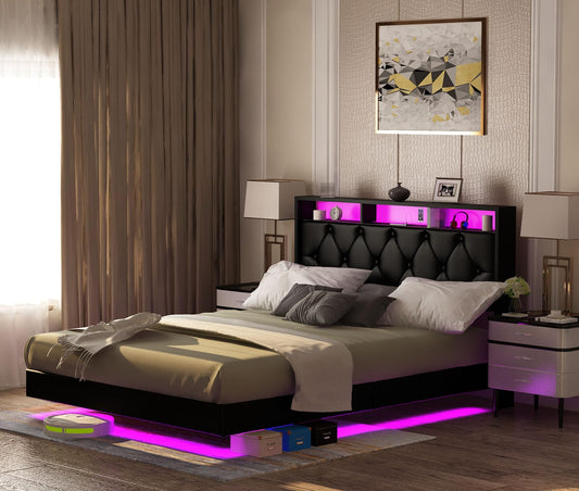 Muluflower King Size Floating Bed Frame with LED Lights, USB Charging Station & Storage Headboard - WoodArtSupply