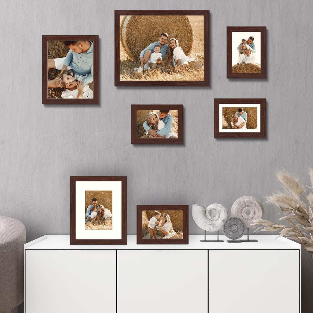 Golden State Art, Gallery Wall Frames, 11x14, 8x10, 5x7 Multiple Photo Frames Collage for Wall or Tabletop Displays with Mat or without Mat (Brown, 7 Pack) Golden State Art