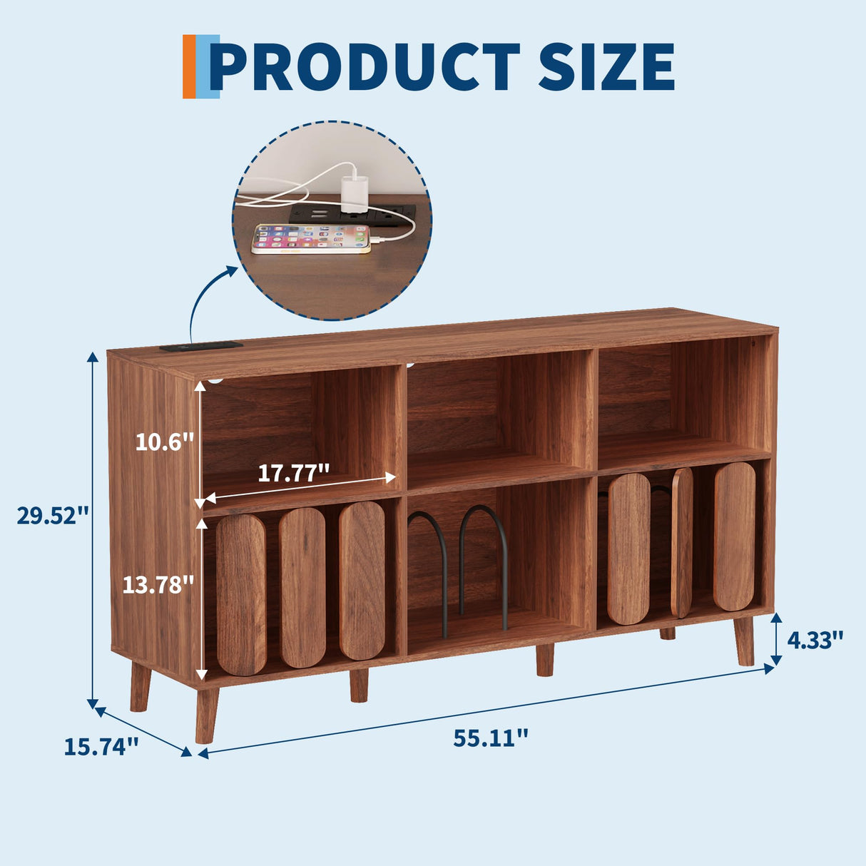 55" Record Player Stand, Wood Rustic Vinyl Record Storage Cabinet with Charging Station, 2 Outlets & USB Ports, Modern Wide Turntable Stand with Open Shelves Holder, Mid-Century Design PeacefulHues