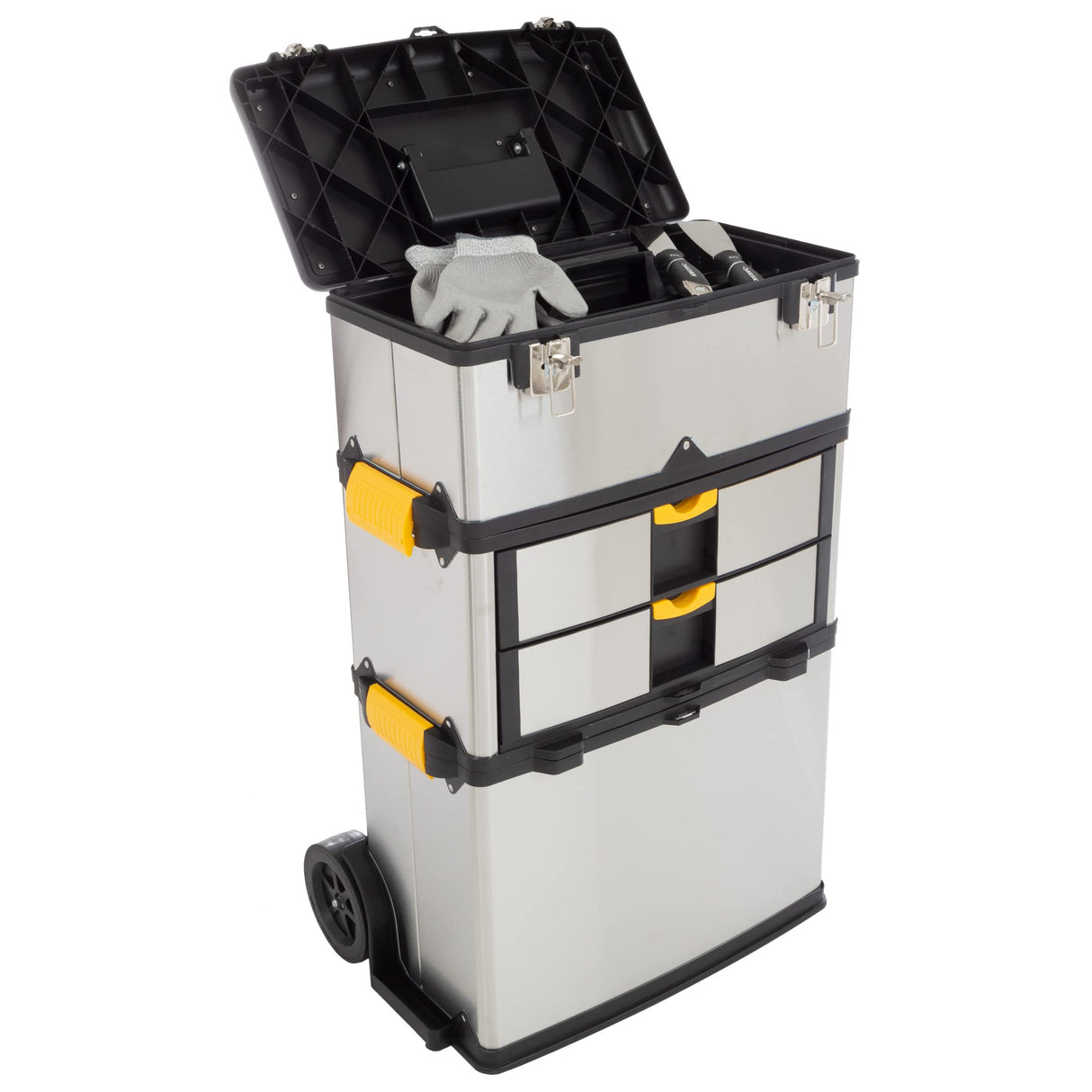 3-Part Portable Tool Box - Stainless-Steel Drawer Organizer with Wheels, Extendable Handle and Tough Latches - Rolling Tool Chest by Stalwart (Silver) Stalwart