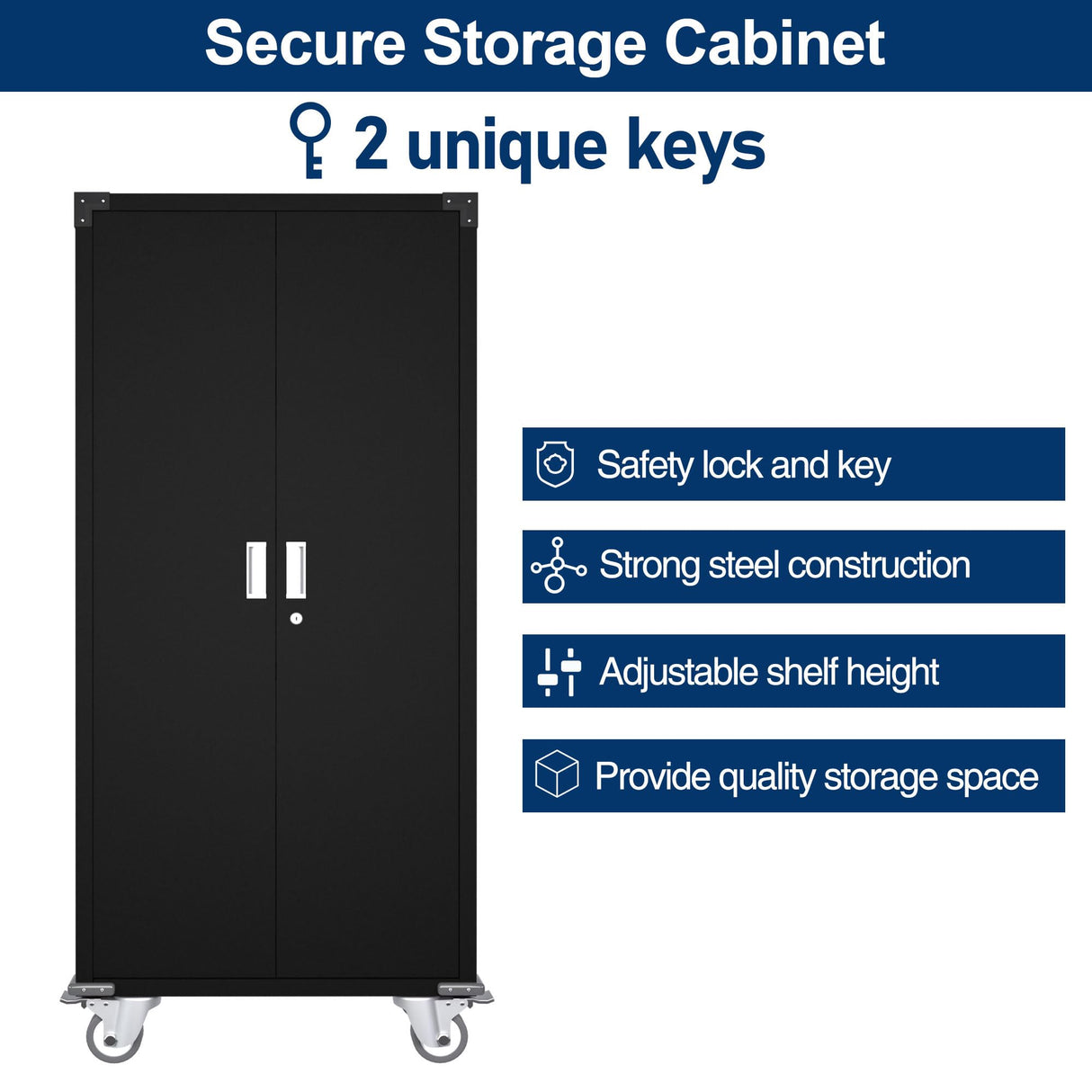 Aobabo 72 Inch Tall 2 Door Rolling Locking Metal Storage Cabinet Organizer with 4 Adjustable Shelves and 2 Keys for Garages and Offices, Black Aobabo