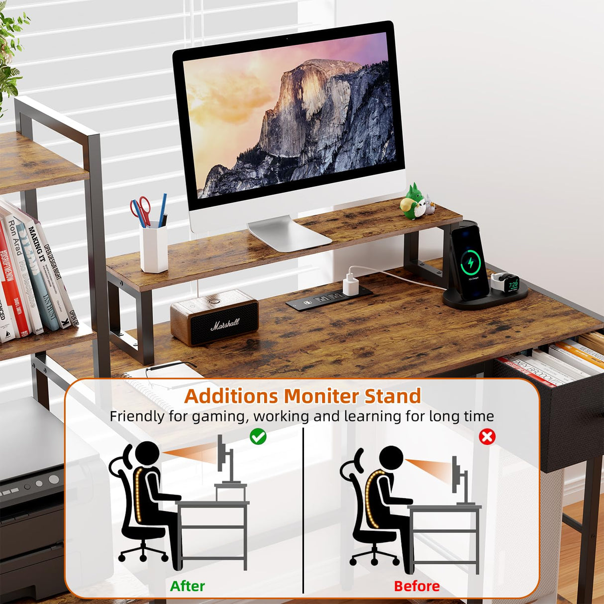 Creso hom Computer Desk with Printer Stand, 59" Office Table with Charging Station, Home Office Desk with LED and Monitor Stand, Reversible Desk for Study Writing Working Gaming, Rustic Brown Creso hom
