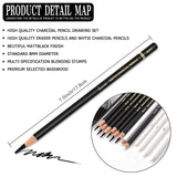 Brusarth Charcoal Drawing Set -12 pc Black charcoal pencils, White Charcoal Pencils, Eraser Pencils, Blending Stumps for Drawing, Sketching, Shading, Artist Pencils for Beginners & Artists Brusarth