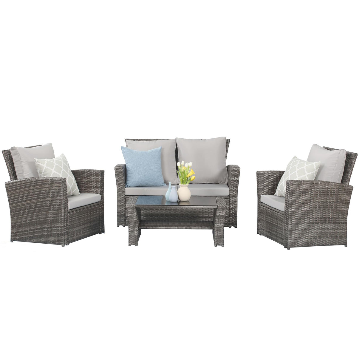Wisteria Lane 4 Piece Outdoor Patio Furniture Sets, Wicker Conversation Set for Porch Deck, Gray Rattan Sofa Chair with Cushion Wisteria Lane