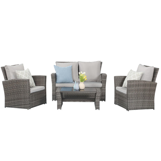 Wisteria Lane 4 Piece Outdoor Patio Furniture Sets, Wicker Conversation Set for Porch Deck, Gray Rattan Sofa Chair with Cushion - WoodArtSupply