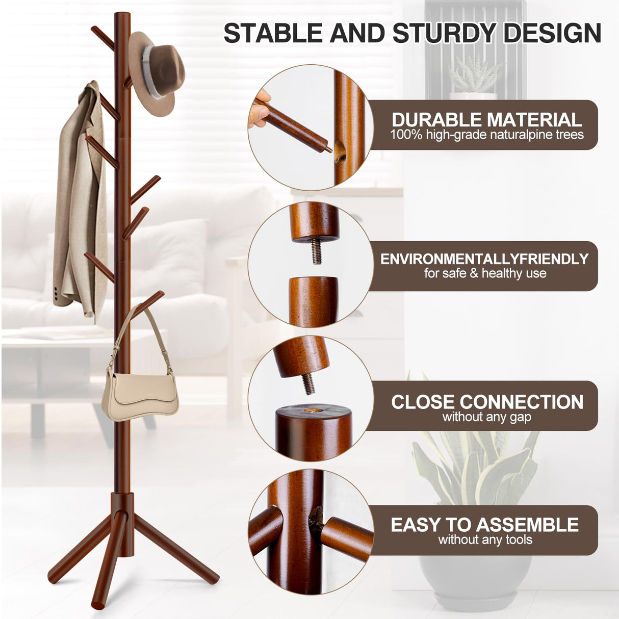 WANGMUXIA Coat Rack, Freestanding Coat Rack with 8 Hooks and 3 Adjustable Size Tree Coat Racks for Bedroom, Hallway, Entrance, Office, for Hats, Coats, Scarves, Handbags WANGMUXIA
