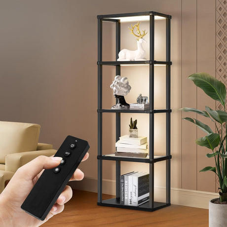 Tall Display Shelf Floor Lamp, Dimmable LED lamp with 3 Color Temperatures, Sturdy Glass Curio Cabinet Bookcase with Remote Control, Floor Lamp with Shelves for Living Room Decor, Collectibles (Black) Wio-Mio