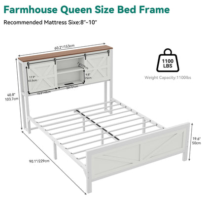 YITAHOME Farmhouse Queen Bed Frame with Bookcase Headboard and Sliding Barn Door - WoodArtSupply