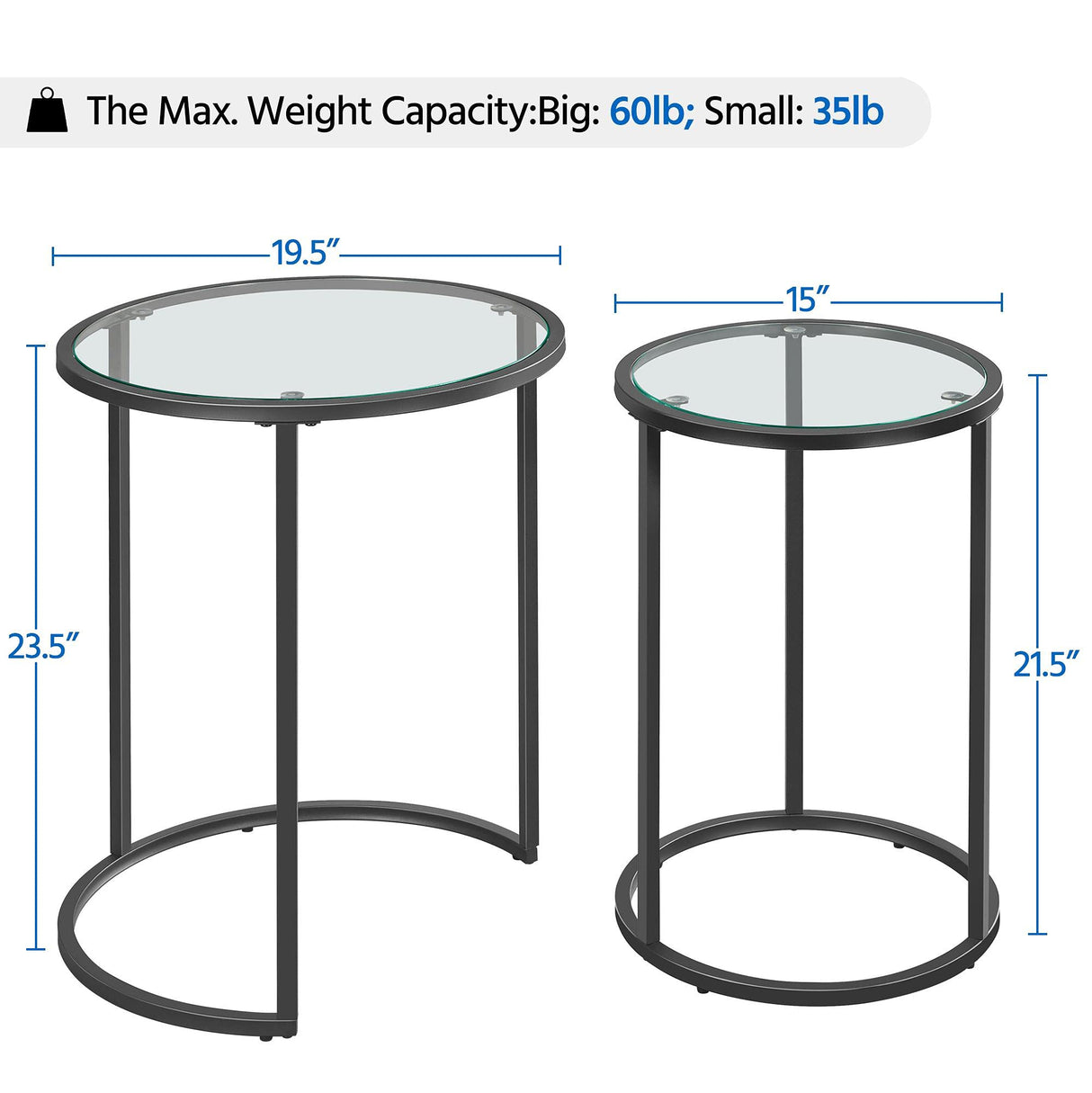 Yaheetech Round Nesting End Table Set of 2,Stacking Side Tables,Coffee Tables Set w/Metal Frame & Glass Top & Protective Foot Pads for Small Space, Living Room, Office- Black Yaheetech