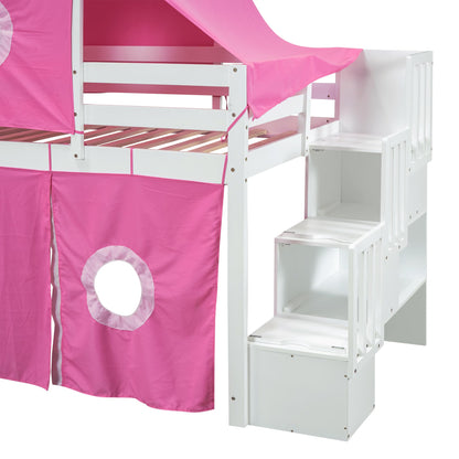 Harper & Bright Designs House Loft Bed with Slide and Storage Stairs, Wood Kids Loft Bed with Tent and Tower, Playhouse Loft Bed Frame for Kids, Teens (Twin Size, Pink)