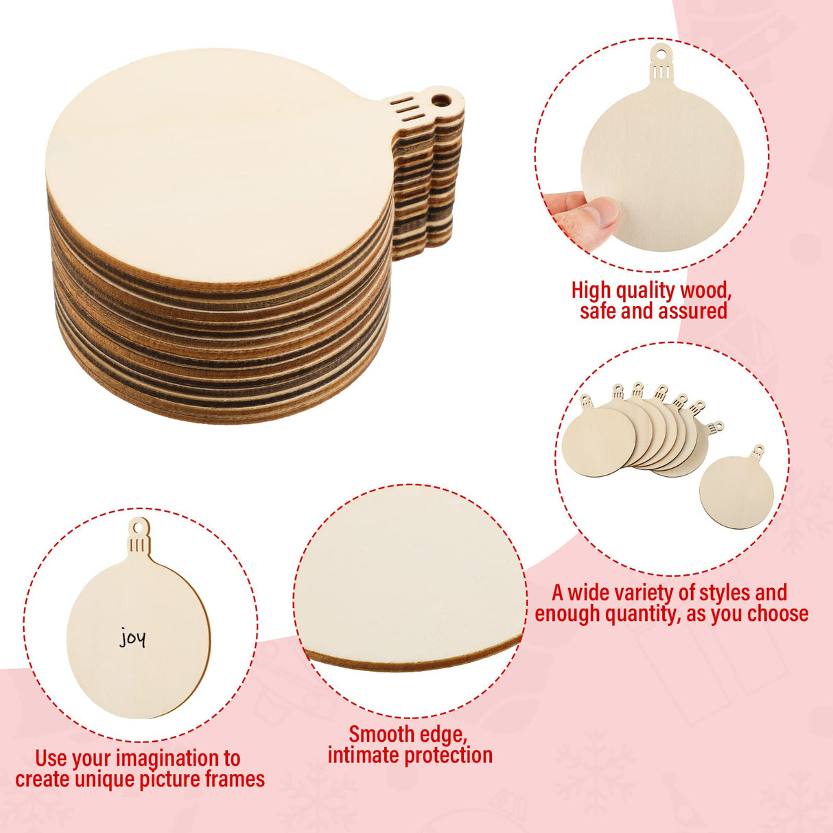 Blulu 60 Pieces Christmas Wooden Ornaments Round Wood Slices Snowflake Angel Shape with Cords for DIY Crafts New Year Christmas Tree Pendant Ornaments Blulu