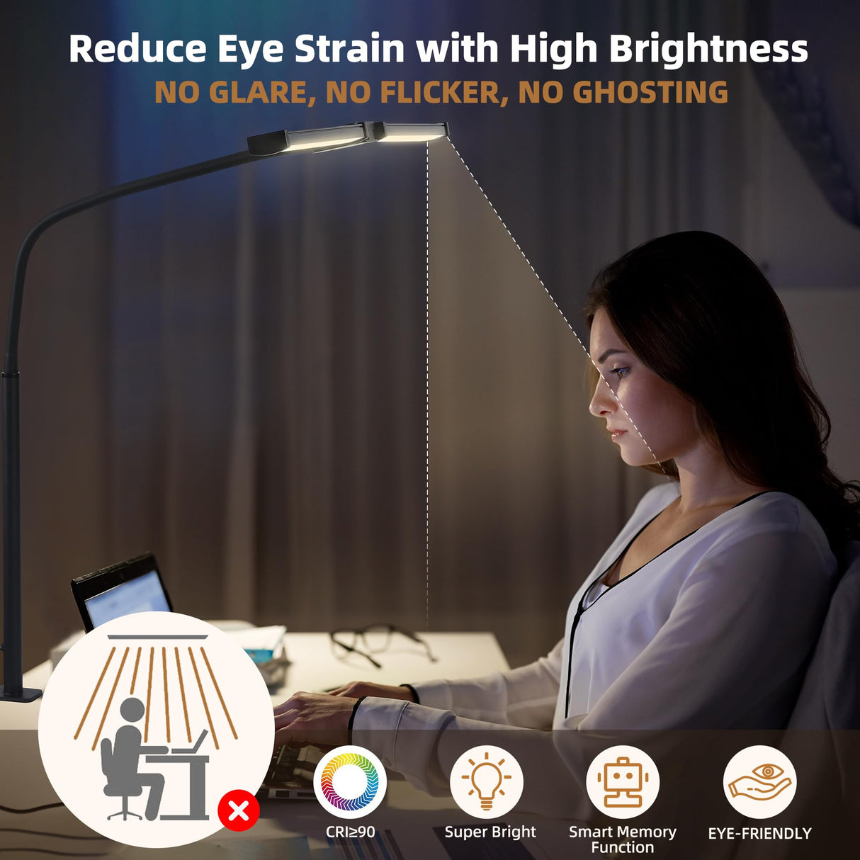 Led Desk Lamp for Home Office, Eye-Care Architect Light with Clamp, Smart Double Head Computer Monitor Table Clip Lamp, Adjustable Flexible Gooseneck, 25 Lighting Models, Task lamp, Black Motumen
