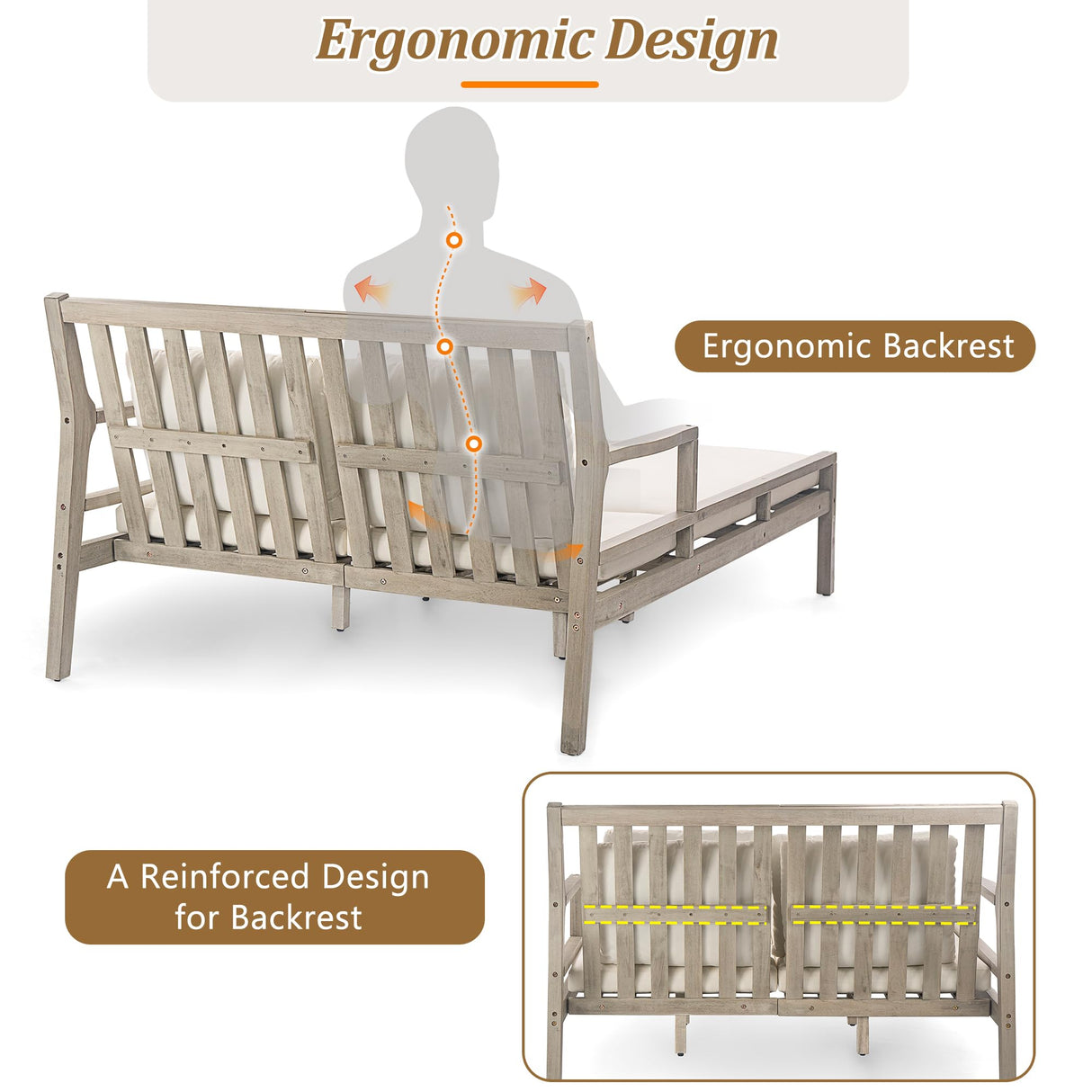 Merax Outdoor Daybed, 3 Seater Acacia Wood Daybed, Patio Day Bed with Four Pillows, Wooden Outdoor Bed with Curved Armrests for Poolside, Backyard, Garden, Gray Merax