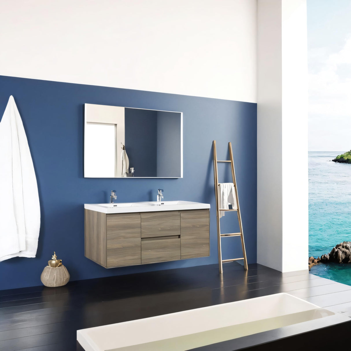 60 Inch Bathroom Vanity Double Sink, Modern Wall-Mounted Bathroom Storage Vanity Cabinet with Double Resin Top Basins and Soft Close Drawers, Ash Grey，60 Bathroom Vanity，Floating Vanity Bathroom Generic