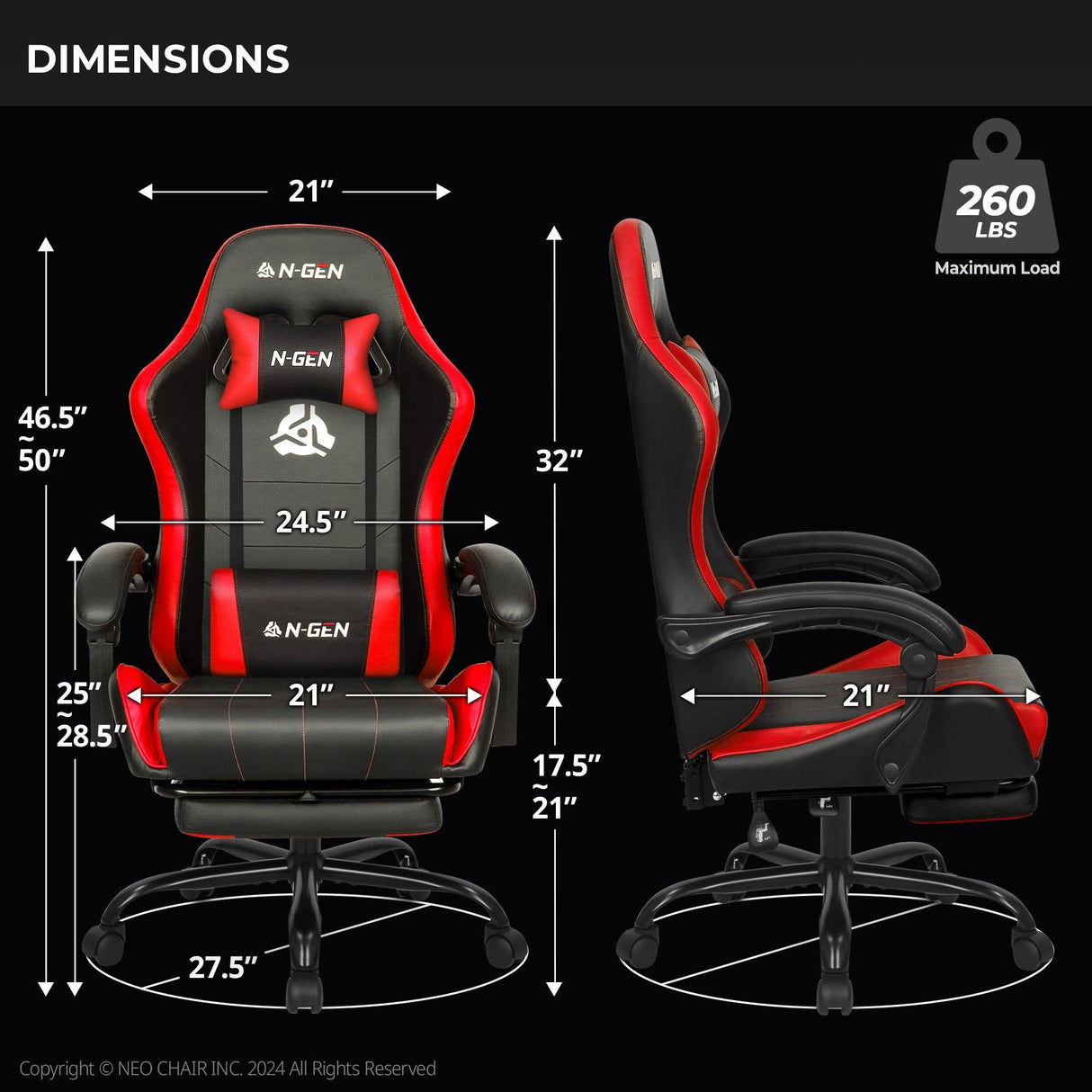 N-GEN Video Gaming Chair with Footrest High Back Ergonomic Comfortable Office Computer Desk with Lumbar Support Height Adjustable with PU Leather Recliner for Adults Women Men (Red) NEO CHAIR