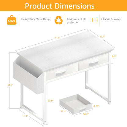 DLisiting White Small Desk with Fabric Drawers - 32 Inch Vanity Desk with Storage Drawer and Bag for Bedroom, Study Writing Table for Small Spaces, White - WoodArtSupply