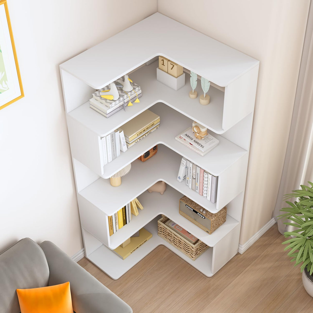 IOTXY 6-Tier L-Shaped Corner Bookshelf - 66" Tall Wooden Freestanding Bookcase with Open Shelf Units, White IOTXY