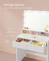 VASAGLE Vanity Desk with Mirror and Lights, Makeup Vanity with Upholstered Vanity Stool, 9 Dimmable LED Lights, 3 Compartments, 2 Drawers, for Bedroom, Cloud White URDT129W01 VASAGLE
