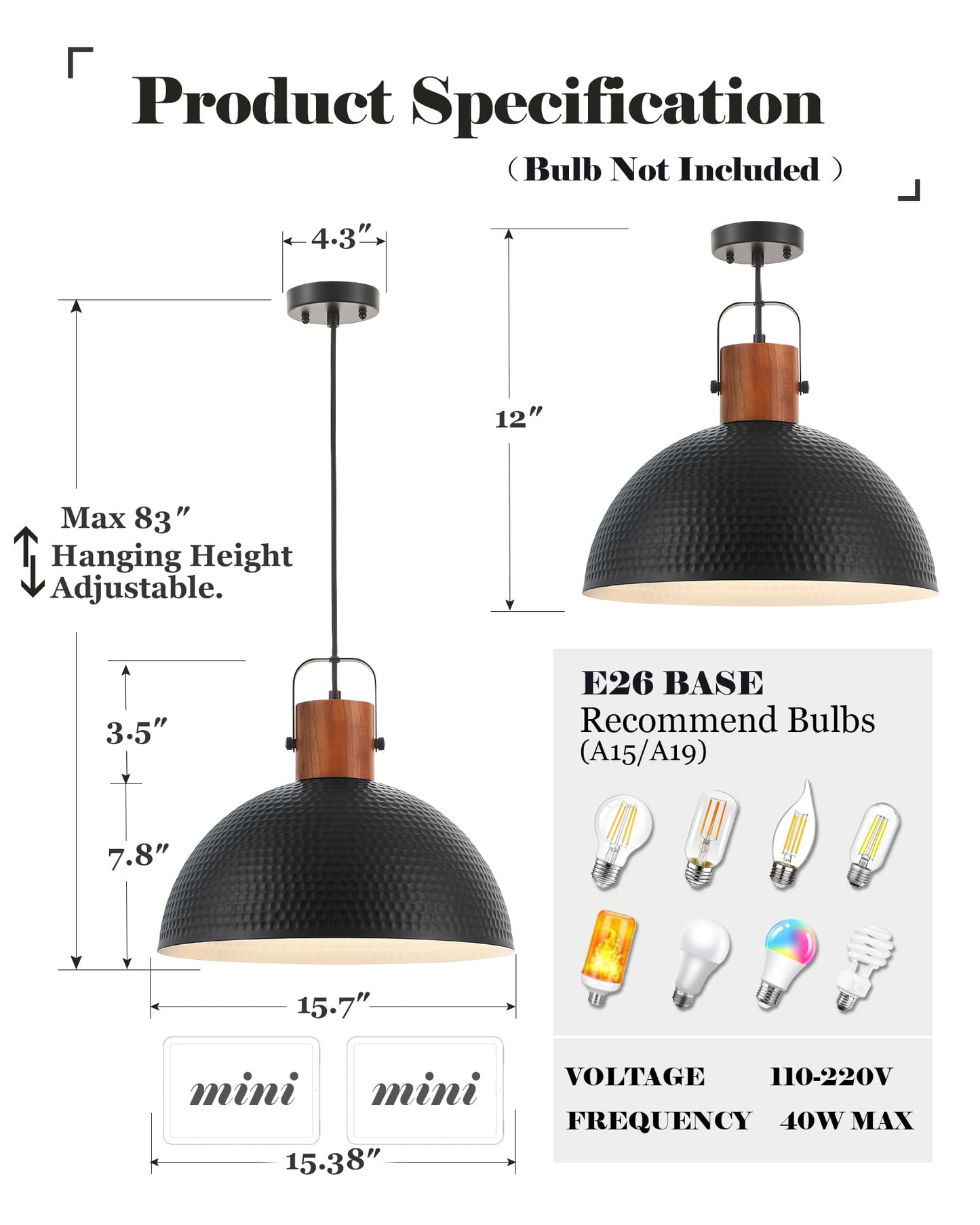 ELYONA 2 Pack Large Pendant Light Fixtures 16 Inch Hammered Metal Ash Wood Dome Ceiling Hanging Lamp, Industrial Kitchen Island Pendant Lighting for Farmhouse, Dining Room,Living Room, Black - WoodArtSupply