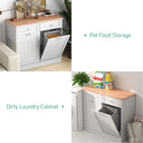 TOLEAD Double Tilt Out Trash Cabinet 20 Gallon,Antique-Style Beadboard Trash Can Cabinet Kitchen with Solid Wood Tabletop & Drawer, Pet Proof Trash Can, Wood Laundry Cabinet TOLEAD