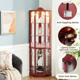 Firscook Curio Cabinet,Lighted Wooden Corner Curio Cabinet,Glass Display Curio Cabinet with Tempered Glass Doors and Shelves,6-Layer Wood Corner Cabinet, Glass Display Cabinet for Living Room(Cherry) Firscook