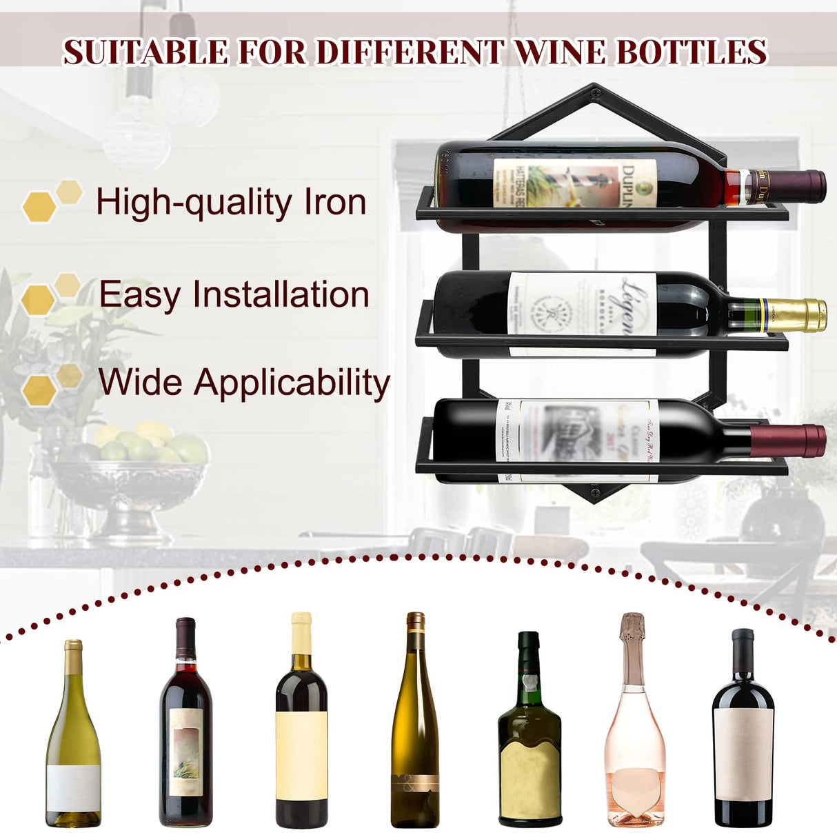 YALINKA 2Pcs Wall Mounted Wine Stemware Rack, Metal Hanging Wine Glass Display Holde Holds 3 Bottles, Elegant Storage for Kitchen Dining Room Bar Wine Cellar YALINKA