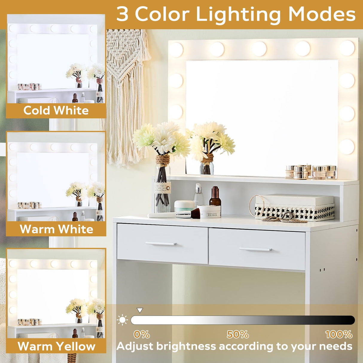 MIRROTOWEL Vanity Desk with Mirror and Lights, Dressing Table with Large Drawer, 2 Level Storage Dresser & 3 Lighting Modes Adjustable Brightness, Suitable for Bedroom MIRROTOWEL