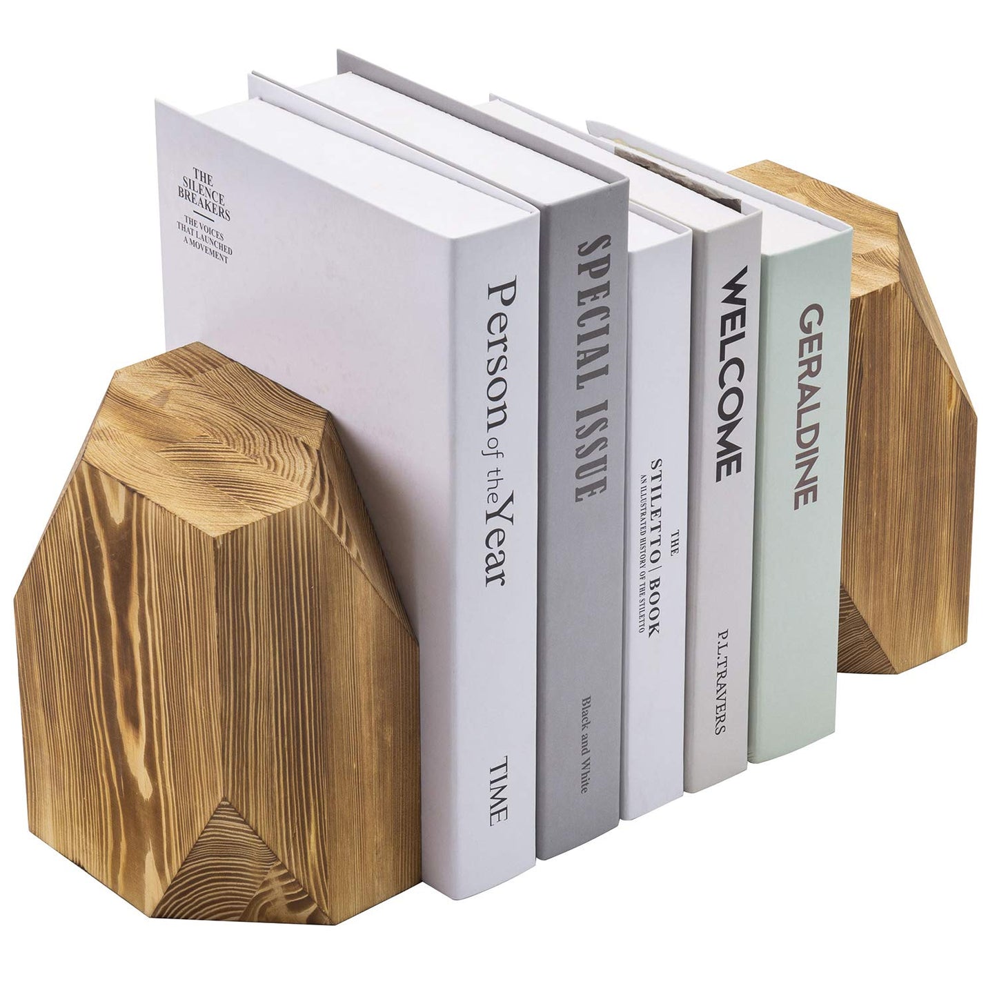 MyGift Rustic Burnt Solid Wood Geometric Style Bookends, Set of 2