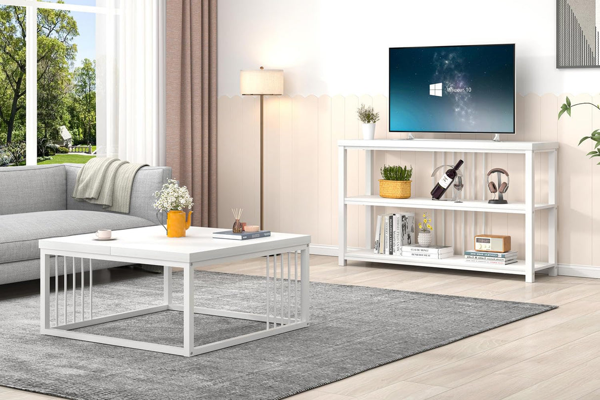 FOLUBAN White Coffee Table, Modern Rustic Wood and Metal Center Table, Industrial Simple Cocktail Tea Table for Living Room, 31.5 Inch FOLUBAN