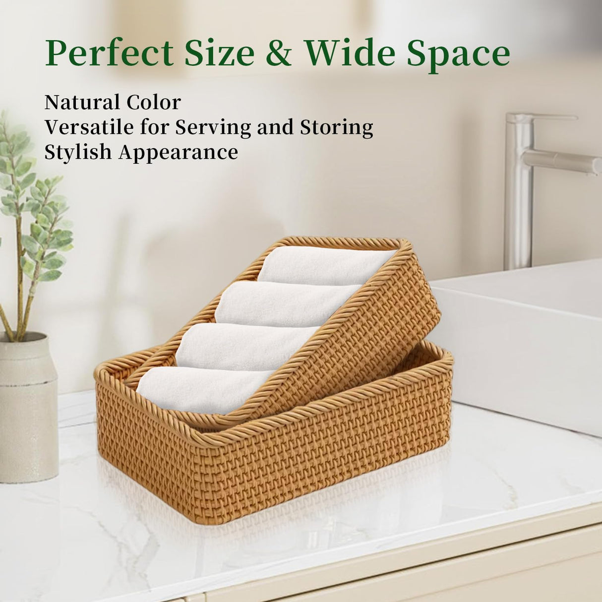 LAVNTM Rattan Storage Basket, 3 Pack Hand Woven Rectangular Fruit Baskets for Serving, Picnic Basket, Wicker Storage for the Living Room Kitchen (Honey Brown) LAVNTM