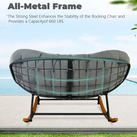 TIMWNER Double Papasan Patio Rocking Chair,Double Oversized Papasan Rocking Chair with Thick Cushions,Perfect for Indoor, Patio, or Balcony Use, Modern Outdoor Loverseat for Two.Grey TIMWNER