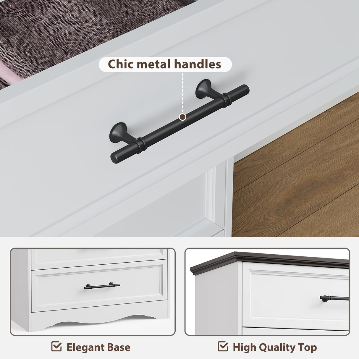 Farmhouse 6 Drawer Dresser, White Wood Chest of Drawers, 44" Tall Bedroom Storage Cabinet with Brushed Metal Handles, Closet Organizer for Bedroom, Living Room, Hallway Harpaq