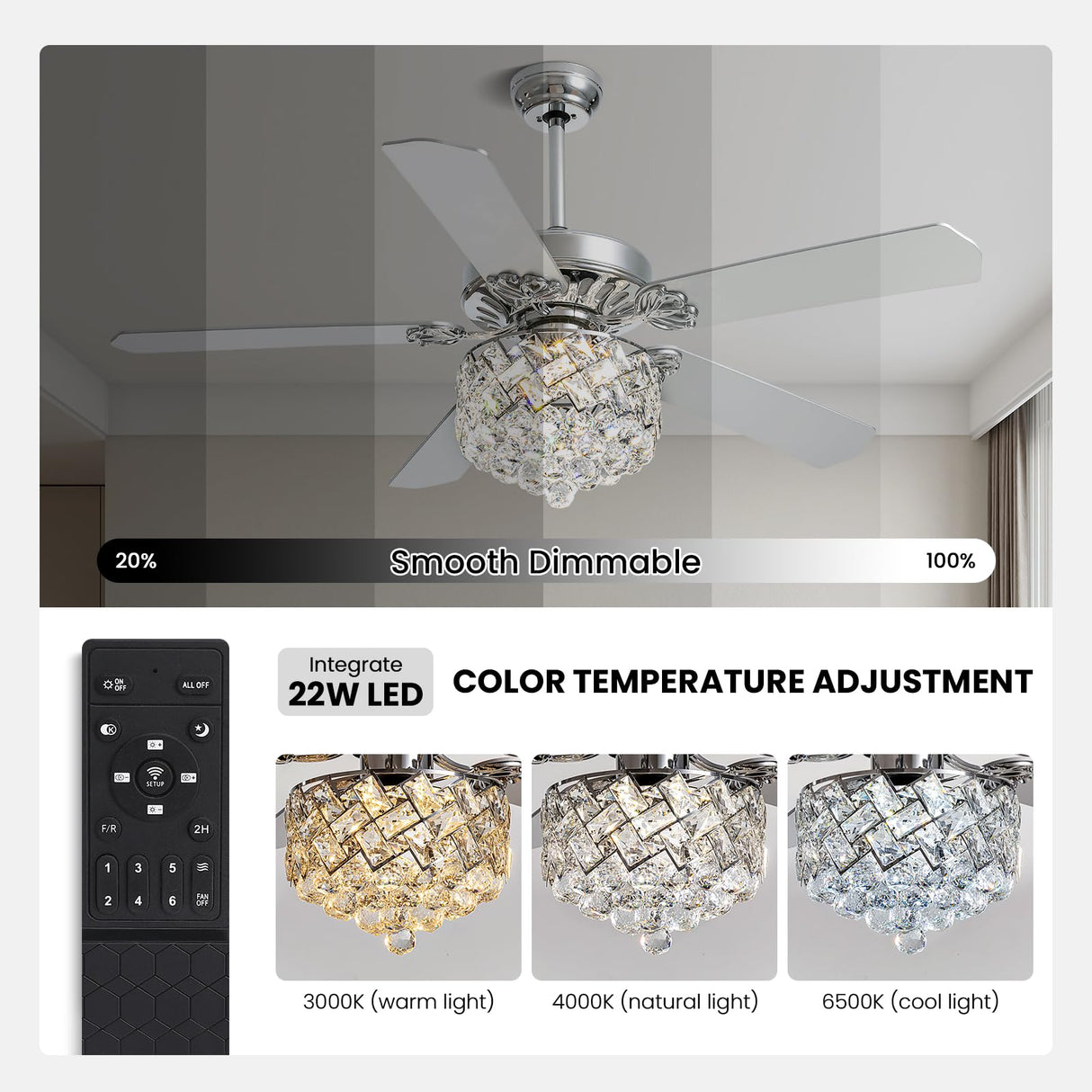 CROSSIO 52" Crystal Ceiling Fan with Light Dimmable LED Chandelier Ceiling Fan Modern Reversible Ceiling Fan Light Fixture with Remote for Bedroom Dining Room Living Room Chrome CROSSIO