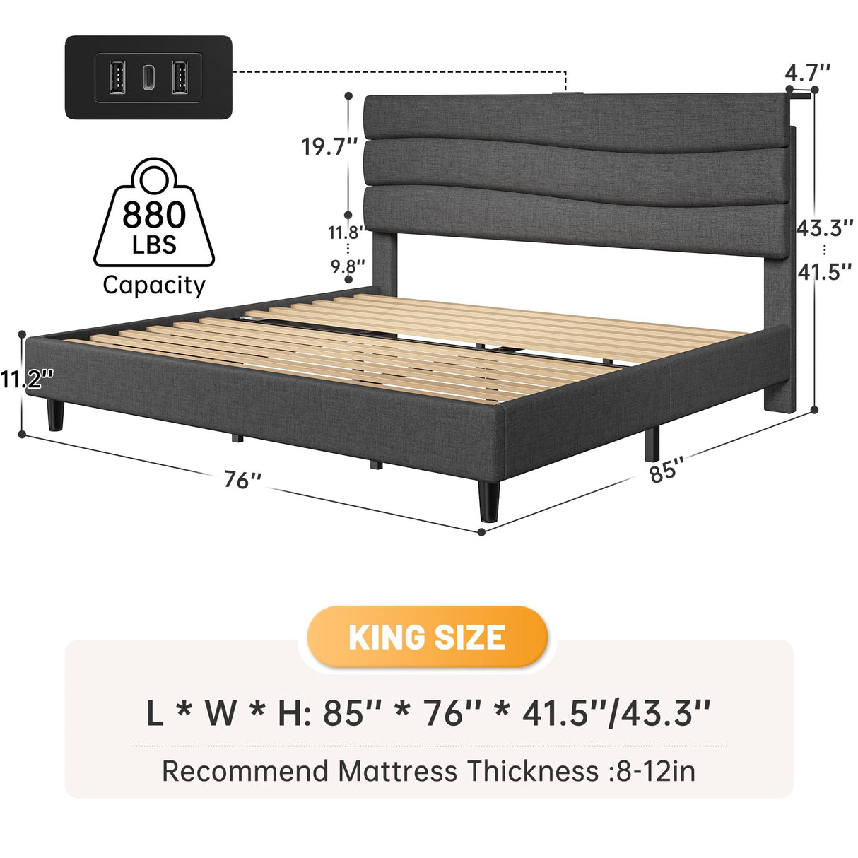 EnHomee King Size Bed Frame with Fabric Upholstered Headboard, King Bed Frame with Storage Headboard and Charging Station, Wooden Slats Support, No Noise, No Box Spring Needed, Easy Assembly, Grey EnHomee
