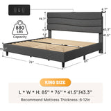 EnHomee King Size Bed Frame with Fabric Upholstered Headboard, King Bed Frame with Storage Headboard and Charging Station, Wooden Slats Support, No Noise, No Box Spring Needed, Easy Assembly, Grey EnHomee