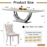 KUVADAZ 94" Modern White Silver Faux Marble Dining Room Table Set for 10, 11-Piece Rectangle Kitchen Dining Room Table Set with Dual U-Shaped Stainless Steel Legs and 10 Beige Velvet Dining Chairs KUVADAZ
